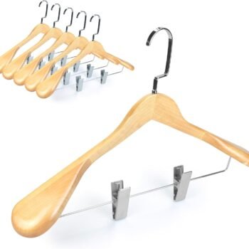 Luxury Wide Shoulder Wooden Hangers with Clips, Pants Bar Solid Wood Jacket Hangers for Coats Suit Dress Pants Sport Coats (Natural)