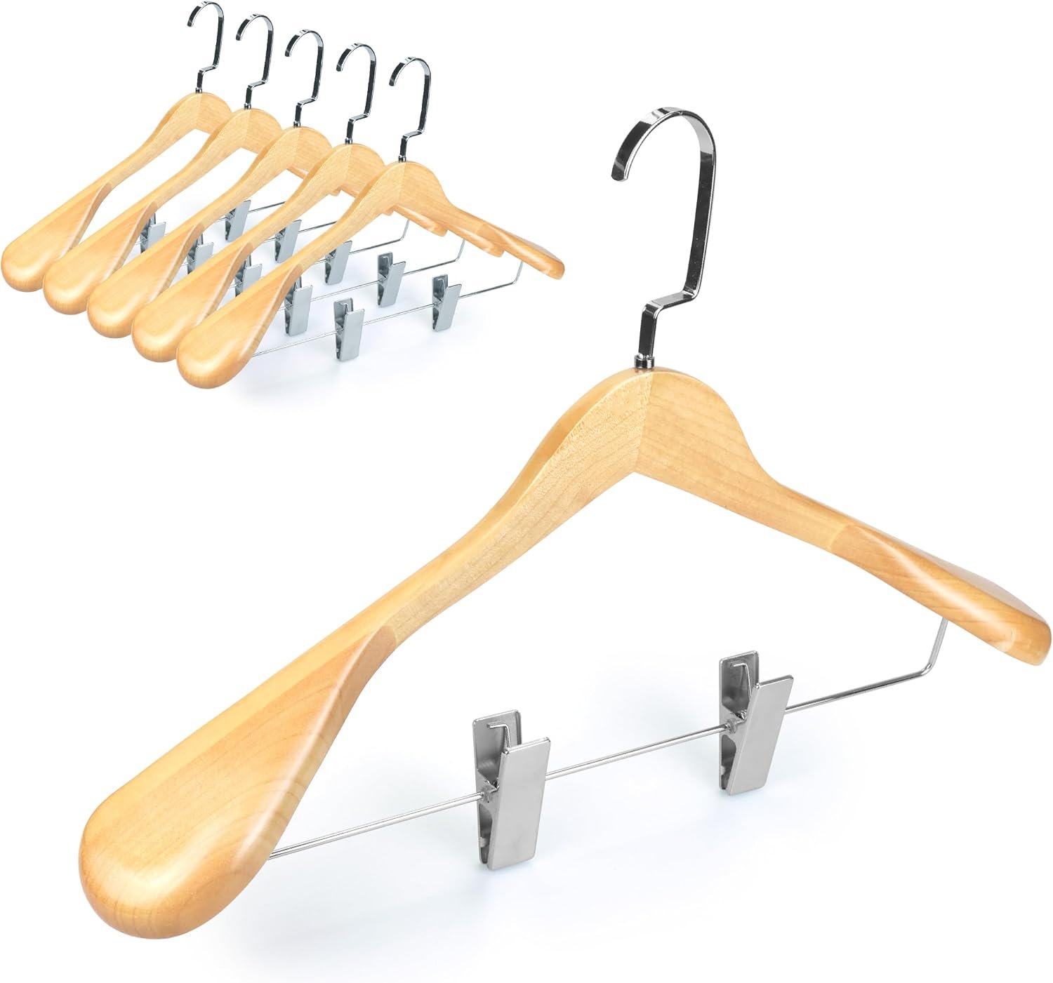 Luxury Wide Shoulder Wooden Hangers with Clips, Pants Bar Solid Wood Jacket Hangers for Coats Suit Dress Pants Sport Coats (Natural)