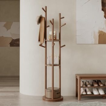 Solid Wood Rotary Coat Rack, Freestanding Coat Rack with 3 Shelves and 9 Hooks, Coat tree for Bedroom, Entryway, Livingroom, Coat Hanger Stand for Coats, Scarves, Handbags (Walnut)