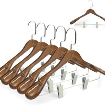 Luxury Wide Shoulder Wooden Coat Hangers with Pants Bar, Clips, Solid Wood Jacket Clothes Hangers Smooth Finish for Sweater Suit Dress Pants Sport Coats (Dark Brown, 6 Pack)