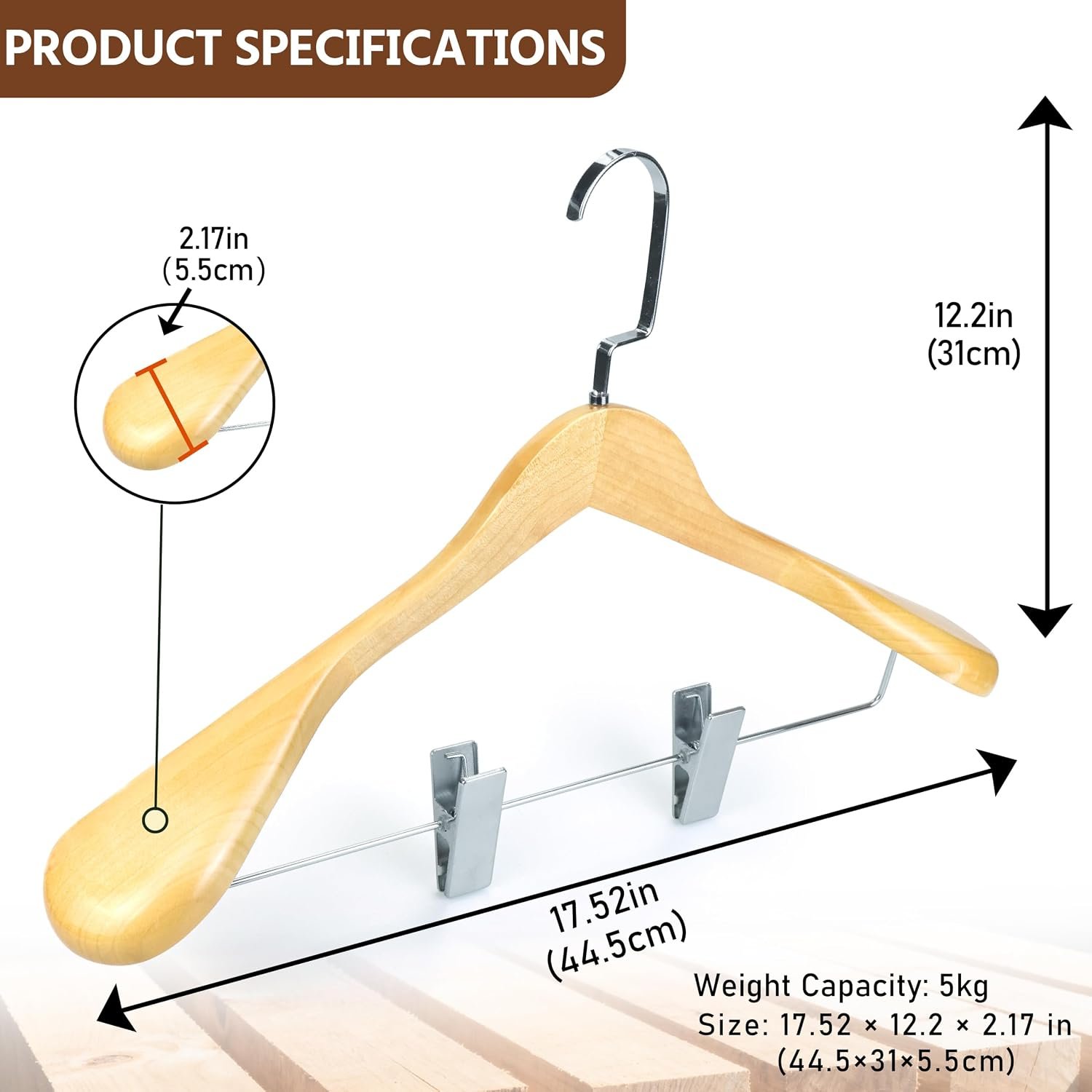 Luxury Wide Shoulder Wooden Hangers with Clips, Pants Bar Solid Wood Jacket Hangers for Coats Suit Dress Pants Sport Coats (Natural)