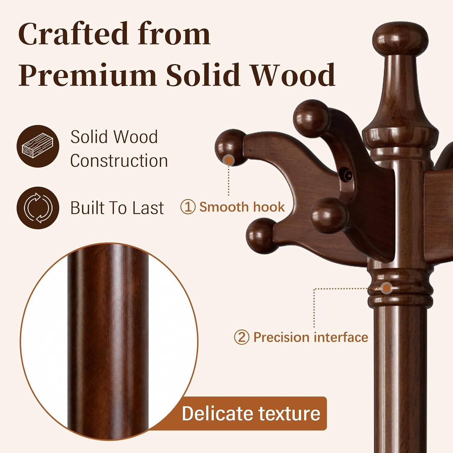 Solid Wood Coat Rack Freestanding Heavy Duty Coat Tree with 7 Hook