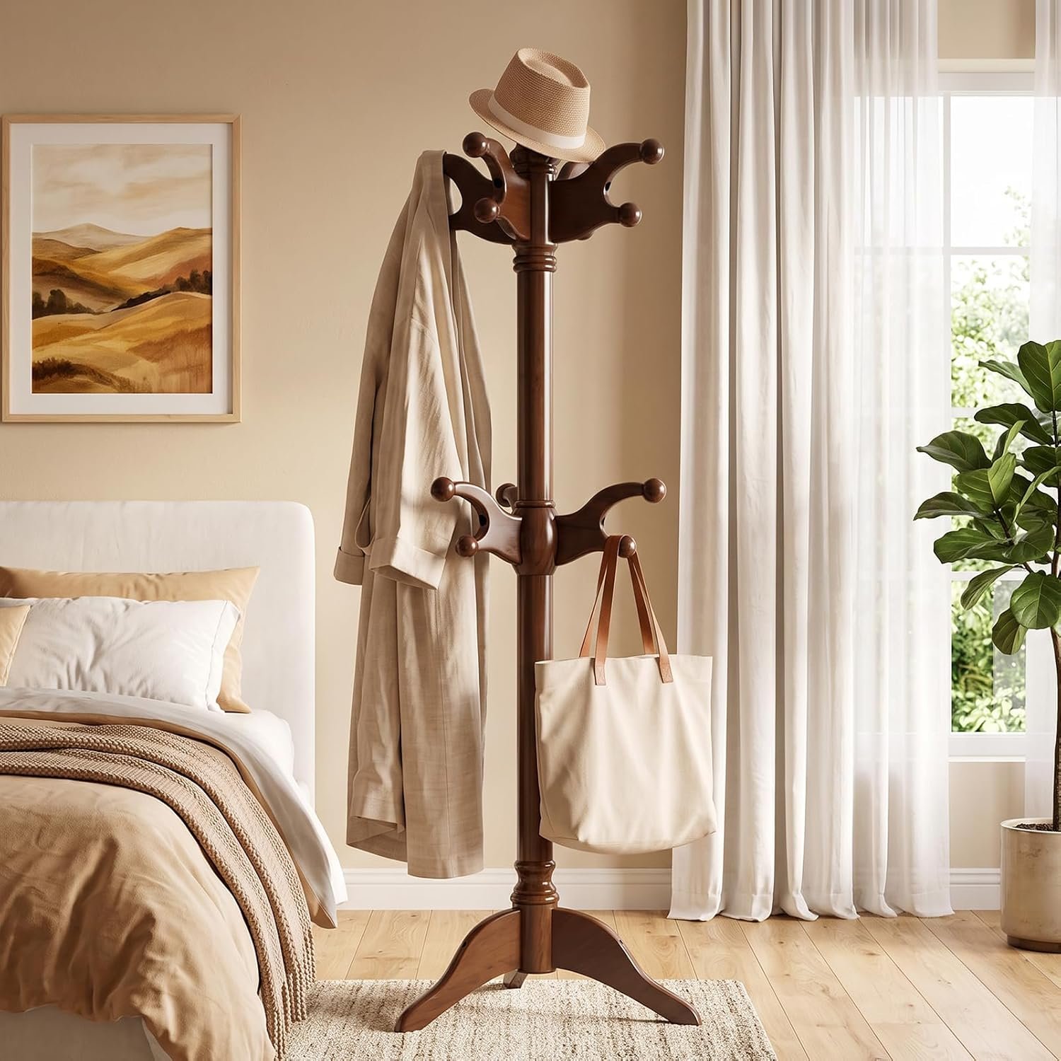 Solid Wood Coat Rack Freestanding Heavy Duty Coat Tree with 7 Hook