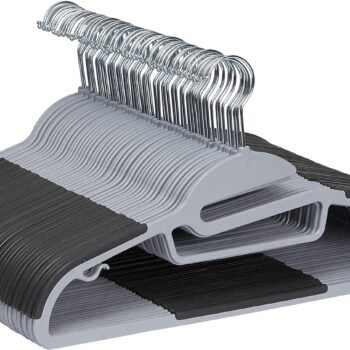 Space Saving Non-Slip Rubber Coated Plastic Hangers with 360° Swivel Hook, Thin, Gray, Pack of 50
